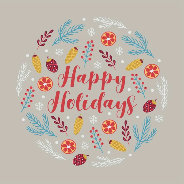 Christmas greeting card with fir branches, cones, orange slices, berries and snowflakes on grey background. — Stock Vector