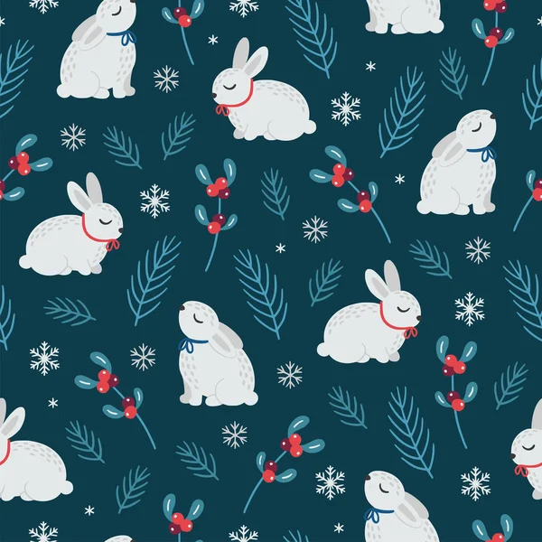 Різдвяний безшовний візерунок з милими кроликами та тумблеєю на темному фоні . — стоковий вектор