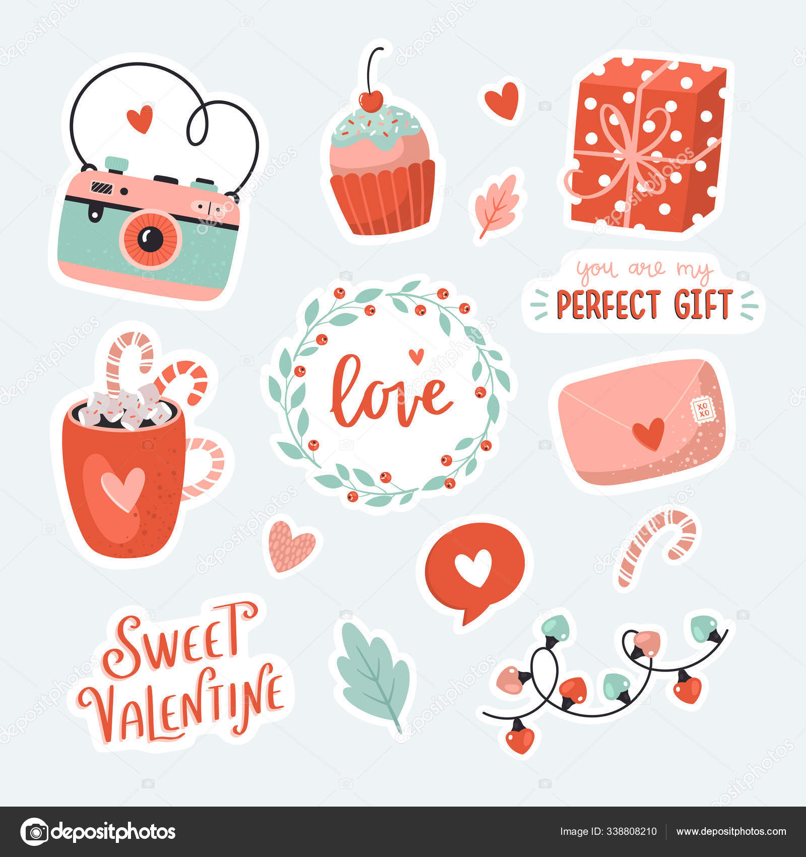 Cute love stickers with Valentines day elements and romantic ...