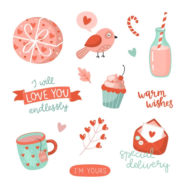 Cute love stickers with Valentines day elements and romantic topography. — Stock Vector