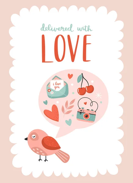 Valentinstag schöne Liebeskarte. Netter Vogel mit romantischer Topographie. — Stockvektor