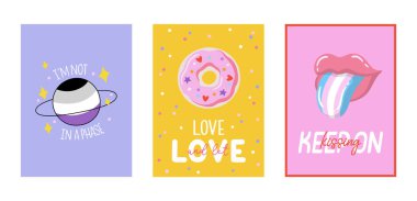 Lgbtq gurur kartları hazır. Güzel ve şirin eşitlik sembolleri ve tipografi. Vektör el çizimleri ve harfler. Poster, pankart ve kartlar için Gurur Ayı şablonları.