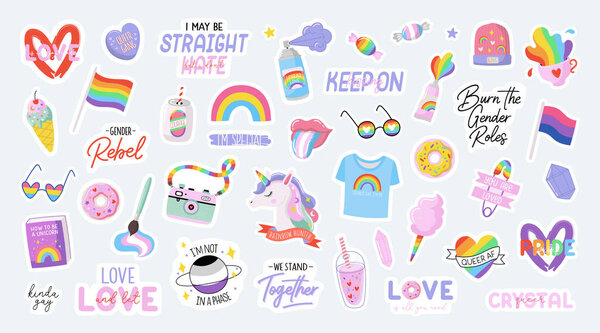 Cute LGBTQ pride stickers. Colorful design elements and typography. Vector collection of LGBTQ symbols and lettering. Hand drawn flat illustrations for Pride Month decorations. 