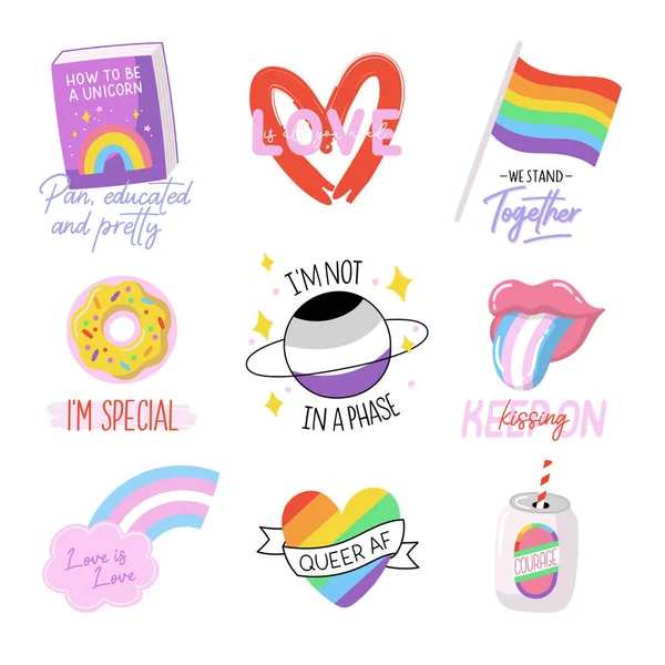 Set Simboli Dell Orgoglio Lgbtq Elementi Design Colorati Tipografia Illustrazioni — Vettoriale Stock