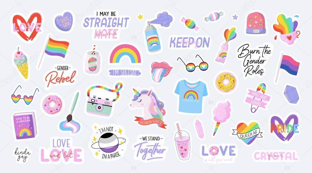 Cute LGBTQ pride stickers. Colorful design elements and typography. Vector collection of LGBTQ symbols and lettering. Hand drawn flat illustrations for Pride Month decorations.