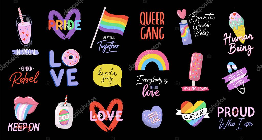 Colorful LGBTQ pride print. Beautiful and cute equality symbols and typography. Vector hand drawn illustrations and lettering. Perfect for Pride Month decorations, poster, banner, cards design.