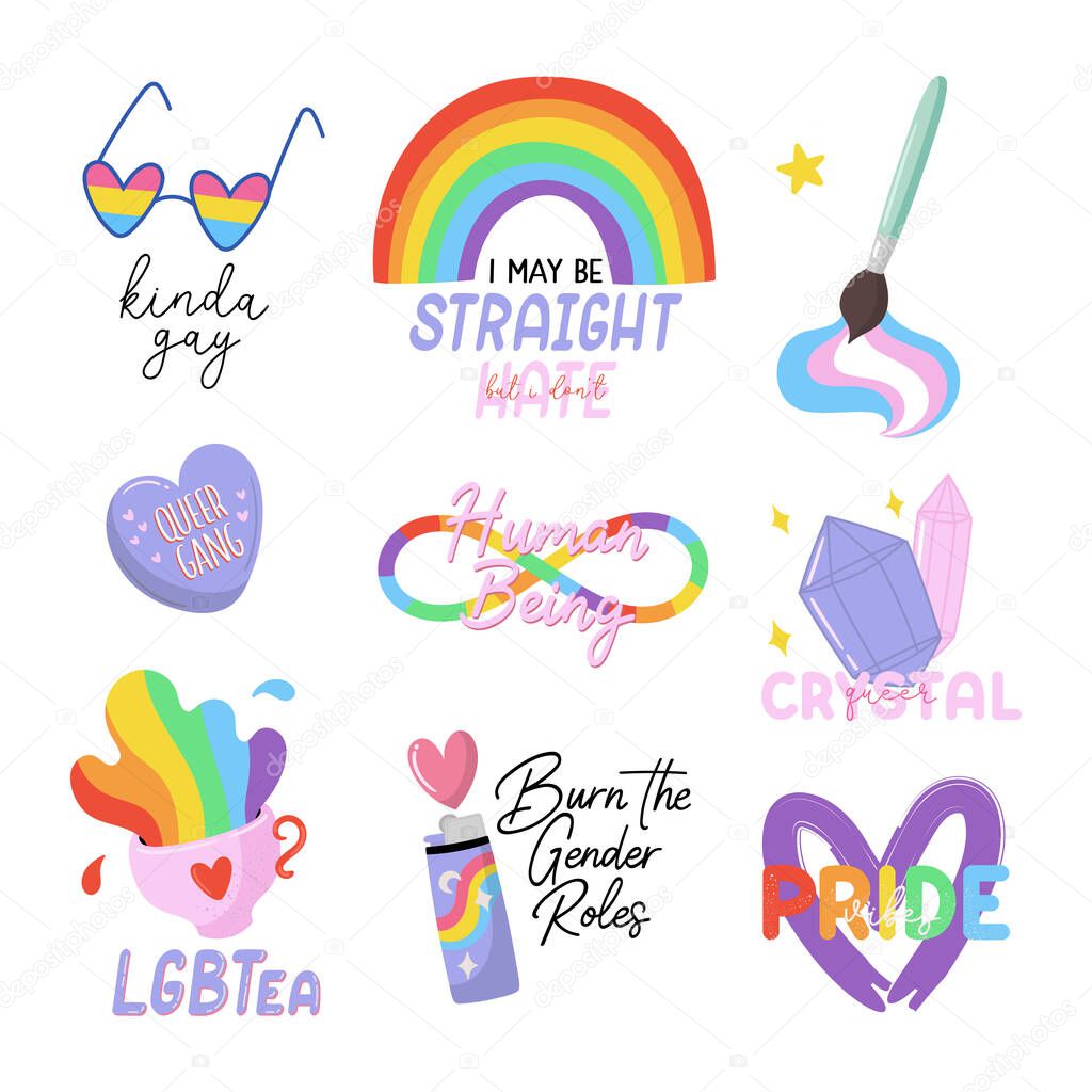 LGBTQ pride symbols set. Colorful design elements and typography. Vector hand drawn illustrations and lettering. Pride Month icons, emblems, stickers, posters design.