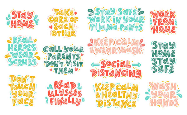 Набор ручных фраз с коронавирусными сообщениями. Защитить от пандемии Ковид-19. Векторные иллюстрации и надписи для социальных сетей, баннеров, плакатов, наклеек
.