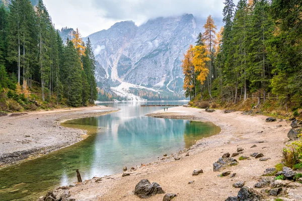 Foggy Autumn Morning Lake Braies Province Bolzano Trentino Alto Adige — Stock Photo, Image