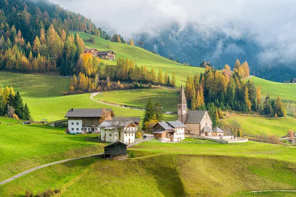 Höstpanorama Över Byn Santa Magdalena Den Berömda Val Funes Trentino — Stockfoto