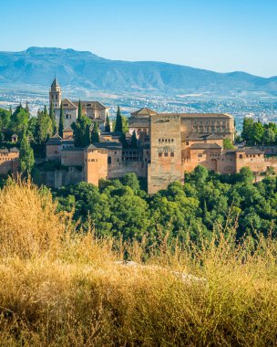 Granada 'daki Alhambra Sarayı' nın panoramik görüntüsü. Endülüs, İspanya.