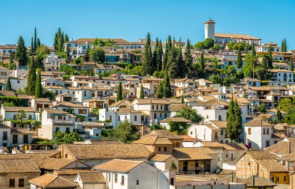 Malownicza Dzielnica Albaicin Grenadzie Widziana Pałacu Alhambra Andalucía Hiszpania — Zdjęcie stockowe