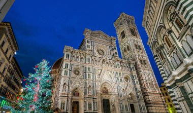 Noel zamanı Floransa, Santa Maria del Fiore Katedrali ve Noel Ağacı. Toskana, İtalya.