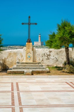 Panoramic sight in Vieste with lighthouse in the background. Province of Foggia, Puglia (Apulia), Italy.