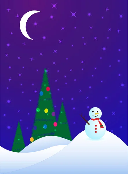 Julafton Nattlandskap Med Snödrev Stjärnhimmel Och Måne Dekorerad Gran Och — Stock vektor