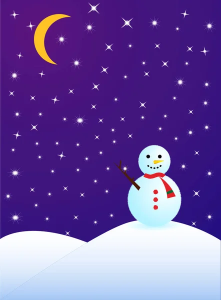 Julafton Nattlandskap Med Snödriva Stjärnhimmel Måne Och Snögubbe Skapar Fantastisk — Stock vektor