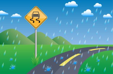 kaygan yol işaret ve yağmurlu