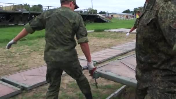 Russia Maykop July 2019 Military Cadets Lay Army Collapsible Modular — Stock Video