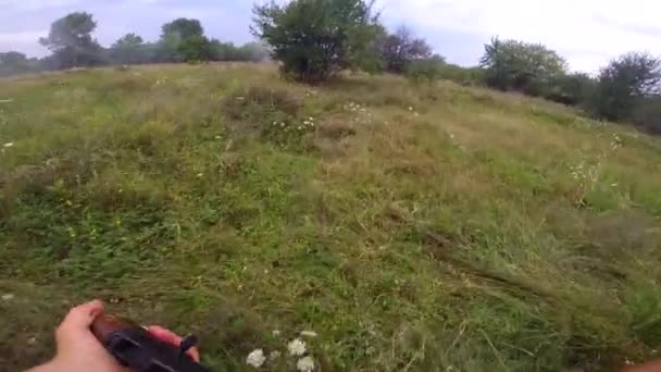 Pov Militairen Lopen Door Het Bos Met Een Geweer Schieten — Stockvideo