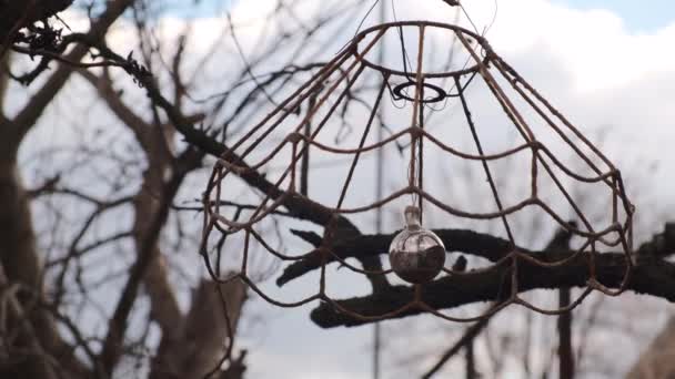 Una vieja lámpara de pie con un juguete de Navidad cuelga de una rama de árbol y se balancea. Escena de terror para una película de miedo. Árboles oscuros en el fondo — Vídeo de stock