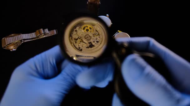 Relojero Está Reparando Relojes Mecánicos Taller Hombre Especialista Inspecciona Mecanismo — Vídeos de Stock