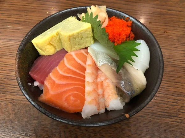 Fresh Tuna Salmon Slide Bowl Rice Table — Stock Photo, Image