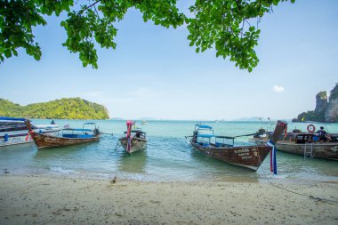 Krabi Thailand 3 Şubat 2018: Longtail tekneler demirli Krabi il Tayland Adası'nda. Phi Phi Mu Ko Phi Phi Milli Parkı parçası olduğunu.