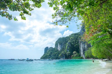 Krabi Thailand 3 Şubat 2018: birçok kişi long tail tekne ve sürat teknesi Krabi il Tayland Hong adaya gelip. Phi Phi Mu Ko Phi Phi Milli Parkı parçası olduğunu