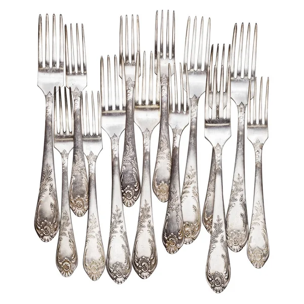 Leeftijd vintage zilveren vorken geïsoleerd op wit — Stockfoto