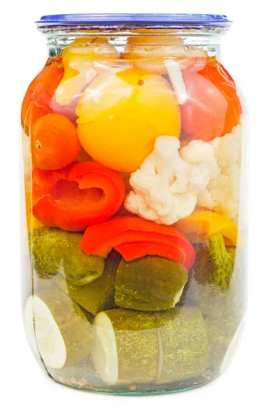 Marinated vegetables in a glass jar isolated — Stock Photo, Image