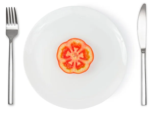 Één plakje tomaat op witte plaat — Stockfoto
