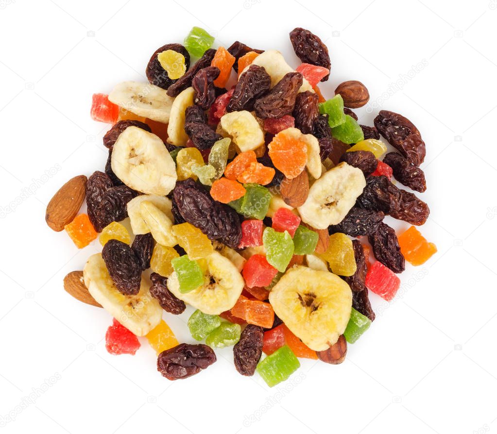 Pile of dried fruits isolated top view