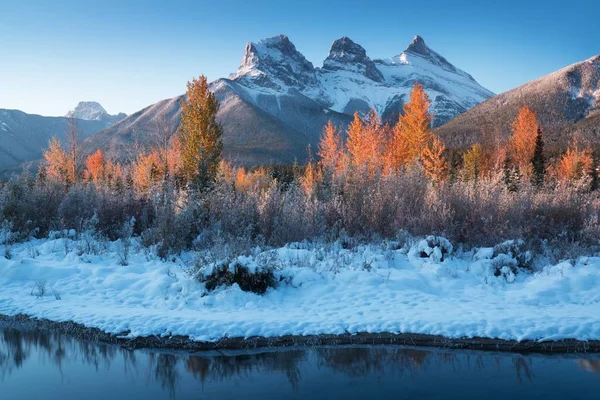 Bow River 'daki Üç Kız Kardeş Tepesi' nin neredeyse mükemmel bir yansıması. Canmore yakınlarında, Alberta Kanada. Kış mevsimi yaklaşıyor. Ayı ülkesi. Güzel manzara arka plan kavramı. 