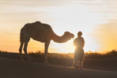 Sahara, Fas, 06-Ocak-2020. Bedevi ve deve kum tepelerinin içinden geçiyor. Sahra Çölü 'nde güneşli güzel bir gün, Fas, Afrika silueti renkli manzaralı göçebe adam..