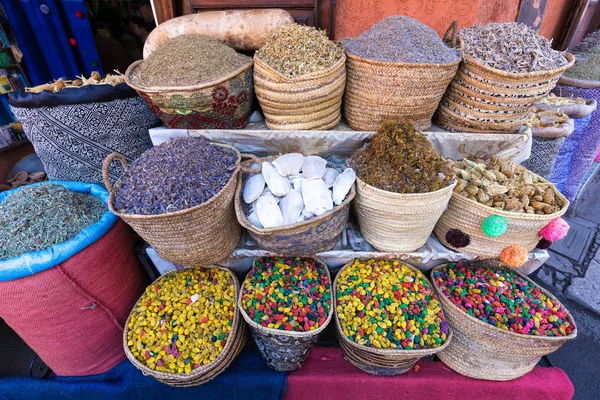 Spices for cooking and tea. Street market in Marrakech or Fes, Morocco, Africa. Moroccan cuisine Moroccan traditional market in medina. Nice gift for travelers Beautiful background concept