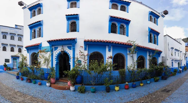 Hagyományos Tipikus Marokkói Építészeti Részletek Chefchaouen Marokkó Afrika Keskeny Gyönyörű — Stock Fotó