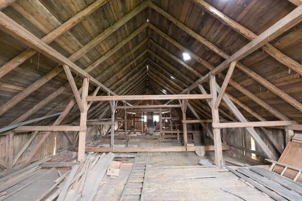 Old and dusty creepy wooden attic with roof framework structure of the old house Awesome horror attic