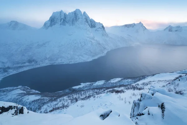 Panorama Der Schneebedeckten Fjorde Und Gebirgsketten Senja Norwegen Amazing Norway — Stockfoto