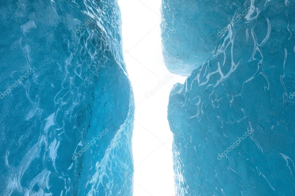 Glaciers, icebergs and ice caves of Southern hemisphere in Greenland. Global climate change on Earth. Importance of ecological balance on the planet. Landscape with blue ice.
