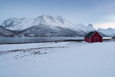 Karlı fiyortların ve dağ sırasının panoraması, Senja, Norveç İnanılmaz Norveç deniz manzarası popüler turistik cazibe merkezi. En ünlü seyahat yerleri. Muhteşem kış manzarası içinde güzel bir gün batımı