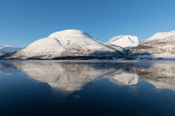多雪的峡湾和山脉的全景 挪威森加奇观挪威自然海景受欢迎的旅游胜地 最有名的旅游胜地 美丽的落日在令人赞叹的冬季风景中 — 图库照片