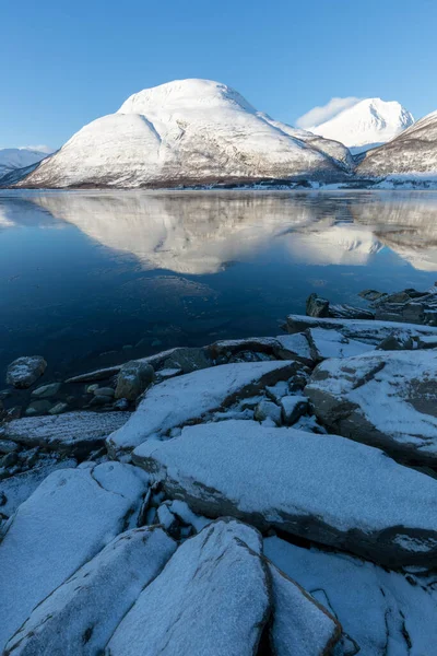 Panorama Fiordos Nevados Cordillera Senja Noruega Increíble Paisaje Marino Natural —  Fotos de Stock