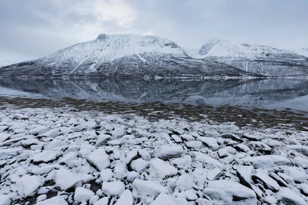 Panorama Snöiga Fjordar Och Bergskedja Senja Norge Fantastisk Norge Natur — Stockfoto