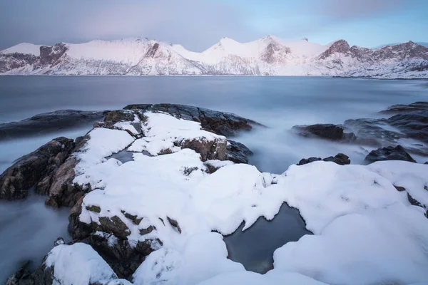 Πανόραμα Χιονισμένα Φιόρδ Και Οροσειρά Senja Νορβηγία Amazing Norway Φύση — Φωτογραφία Αρχείου