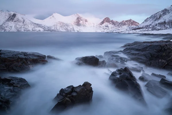 Panorama Zasněžených Fjordů Pohoří Senja Norsko Úžasná Příroda Norska Přímořská — Stock fotografie