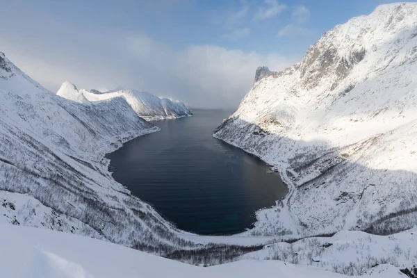 Panorama Zasněžených Fjordů Pohoří Senja Norsko Úžasná Příroda Norska Přímořská — Stock fotografie
