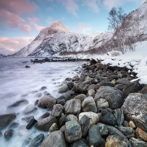 在挪威 这是一幅田园诗般的风景 有雪也有太阳 在2月拍摄的罗浮敦群岛令人惊奇的冬季风景中 有着迷人而美丽的落日 景观自然概念 — 图库照片