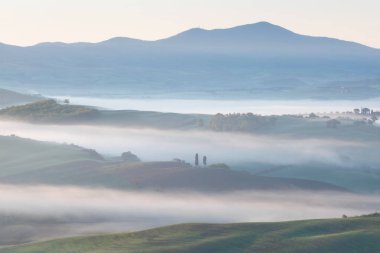 Tuscany 'nin yeşil bahar manzarasının güzel renkleri. İtalya 'nın en popüler yeri. Yeşil tarlalar, mavi gökyüzü ve Siena yakınlarındaki Cypress ağaçları manzaralı yol. Güneşli, sisli bir sabah