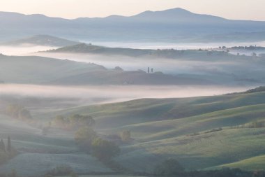 Tuscany 'nin yeşil bahar manzarasının güzel renkleri. İtalya 'nın en popüler yeri. Yeşil tarlalar, mavi gökyüzü ve Siena yakınlarındaki Cypress ağaçları manzaralı yol. Güneşli, sisli bir sabah