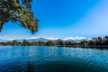 View at Annapurna mountain range in Phewa lake in Pokhara, Nepal